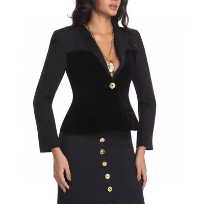 2025 New Autumn Black Velvet Wrapped Chest Panel Design Office Lady Jacket Women V-neck Long Sleeve Gold Eye Button Elegant Coat