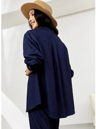 VIMLY Navy Blue Denim Suit Women's 2025 Autumn Outfits Vintage Lace Polo Collar Shirt Wide Legs Pants Ladies 2 Piece Sets A2526