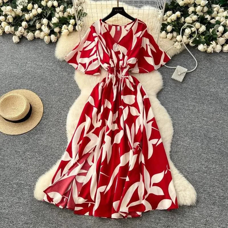 Summer Beach Women Floral Party Dress Summer New Maxi Long Dress Elegant Casual Leaf Printed Hem Dress Vestidos Female