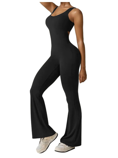 2025 Summer New Women's Sexy Hottie Style Backless One-piece Suit Sports Fitness Yoga Pullover One-piece Suit Flared Pants