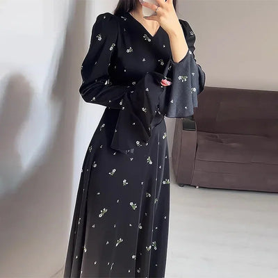 Elegant Dresses for Women Spring Summer New Printing Lotus Leaf Sleeve V Neck Dress Fashionable Slim Fit Women's Evening Dress
