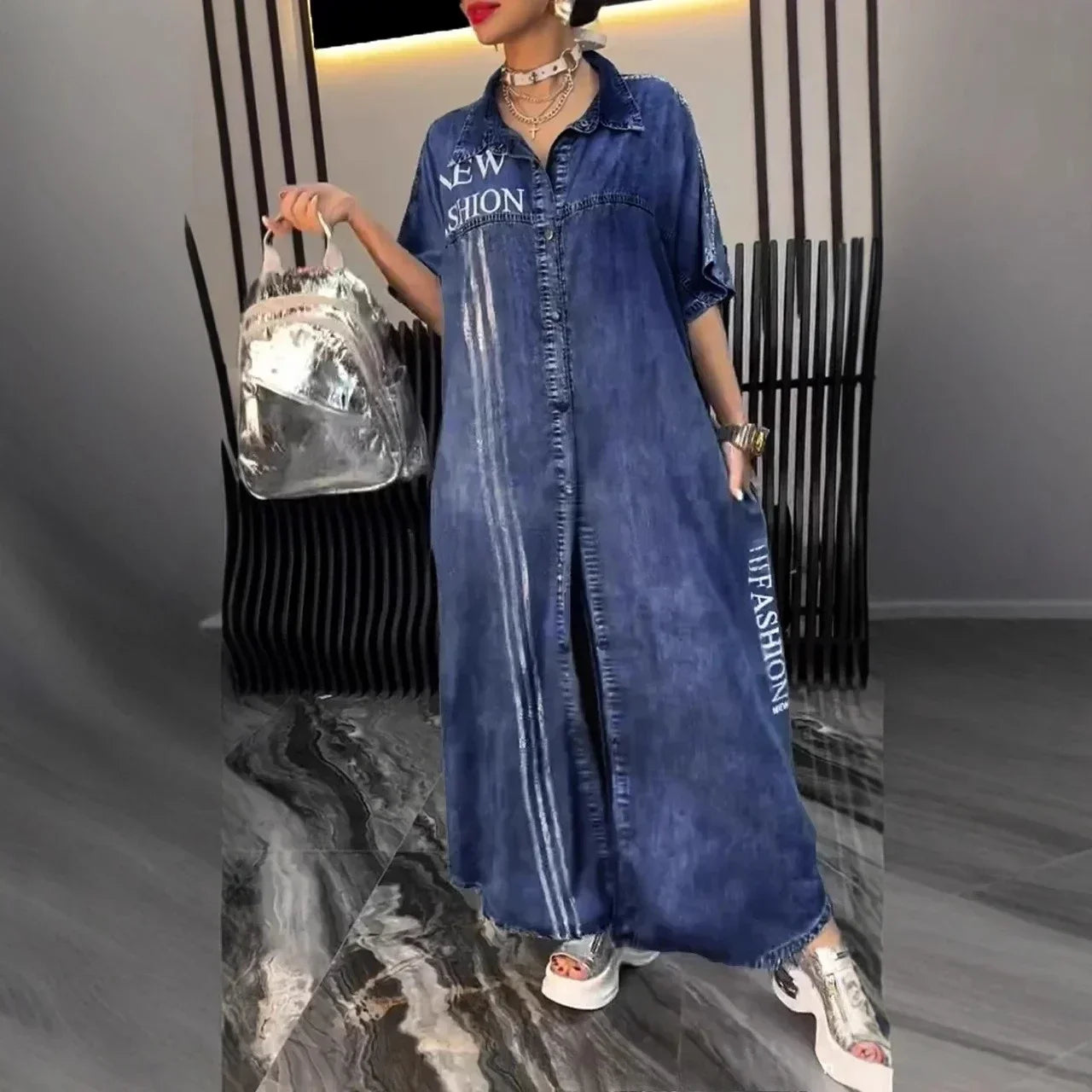 Denim Dress Women Long Dresses Letter Print Vestidos Single Breasted Turn Down Collar Distressed Maxi Gown Summer A Line 2025