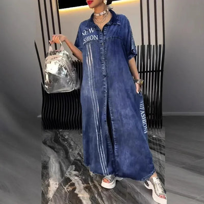 Denim Dress Women Long Dresses Letter Print Vestidos Single Breasted Turn Down Collar Distressed Maxi Gown Summer A Line 2025