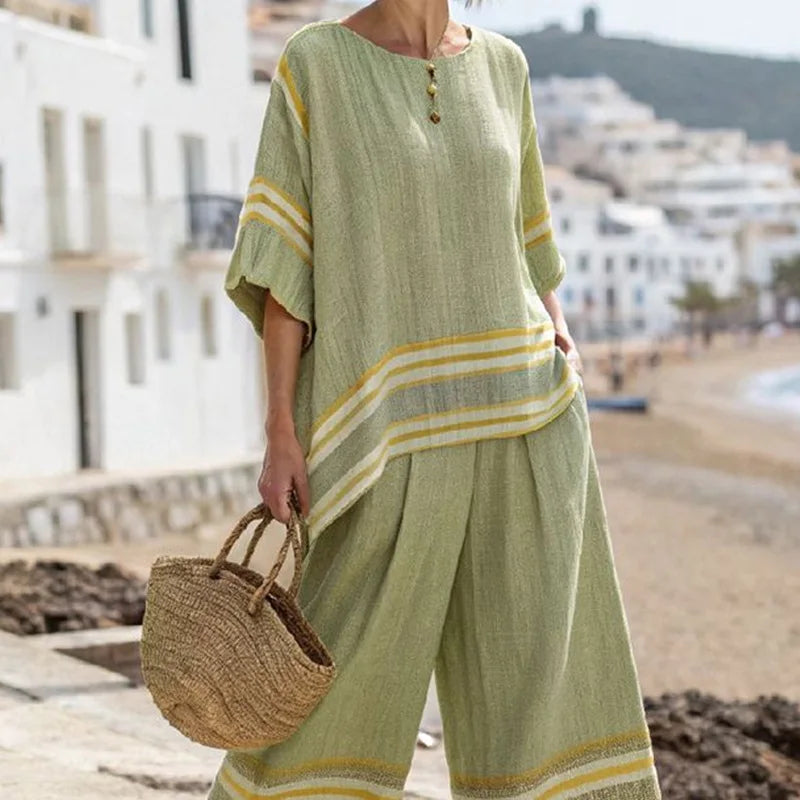 Women Summer Loungewear Suits Printing Loose Wide Leg Pants 2PCS Matching Set Half Sleeve O-Neck Pullover Top Outfit Streetwear