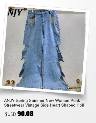 ANJY Autumn New Women Chic Two-Piece Set Studded Diamonds Streetwear Denim Shirt Drawstring Straight Elegant Casual Pants  A9654