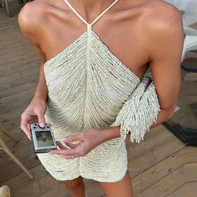 Summer Elegant Temperament Women Prom Gown Fashion Solid Tassels Suspender Dresses Sexy Hollow Out Sleeveless Party Mini Dresses