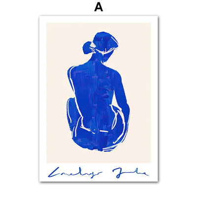 Wall Art Mural Print Canvas Pictures Blue Girl Body Pigeons Line Minimalist Abstract Living Room Home Decoration Painting Poster