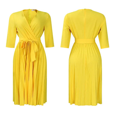 Elegant Office Dresses for Women Professional V Neck Full Sleeve Sashes Pleated Mid Calf Formal Business Work Wear Dress Midi OL