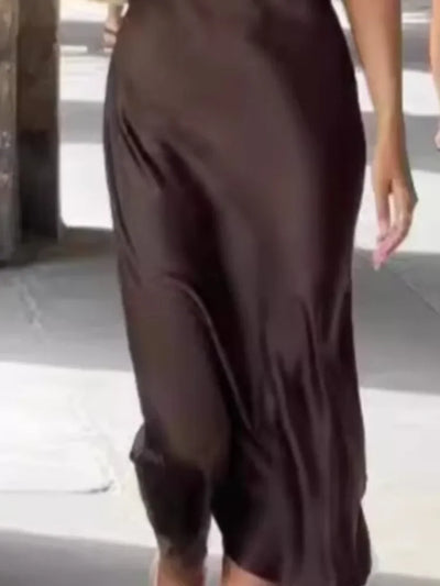 Women's Elegant Satin Sleeveless Midi Dress Fashion Solid Color O Neck Slim Fit Dresses Female Stylish Street Party Vestido 2024