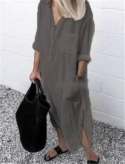 Women's Cotton Linen Shirt Dresses Loose Long Sleeve Turn-Down Collar Pullover Solid Dresse Casual Holiday Beach Party Sundress