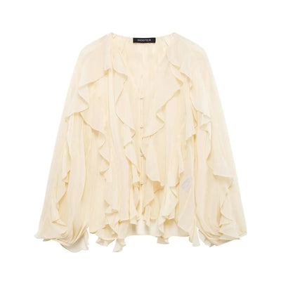 Ruffles Elegant Shirts & Blouses for Women 2025 Long Sleeve Semi-Transparent Tops For Women Spring Shirt And Blouse Top