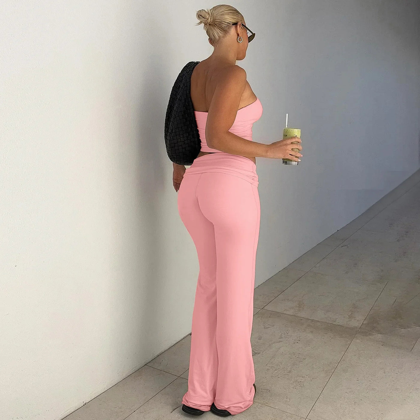 Women's Clothing 2025 Spring Fashion New Item Solid Color Strapless Top Flared Pants Fashionable Slim Fit Sports Suit for Women