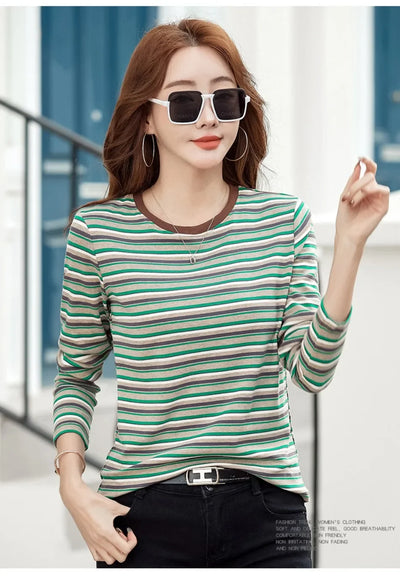 2024 New Women Clothing Crew Neck Striped Bottom Shirt Spring and Autumn Long Sleeve Tops T-Shirt Loose Interior Casual Top