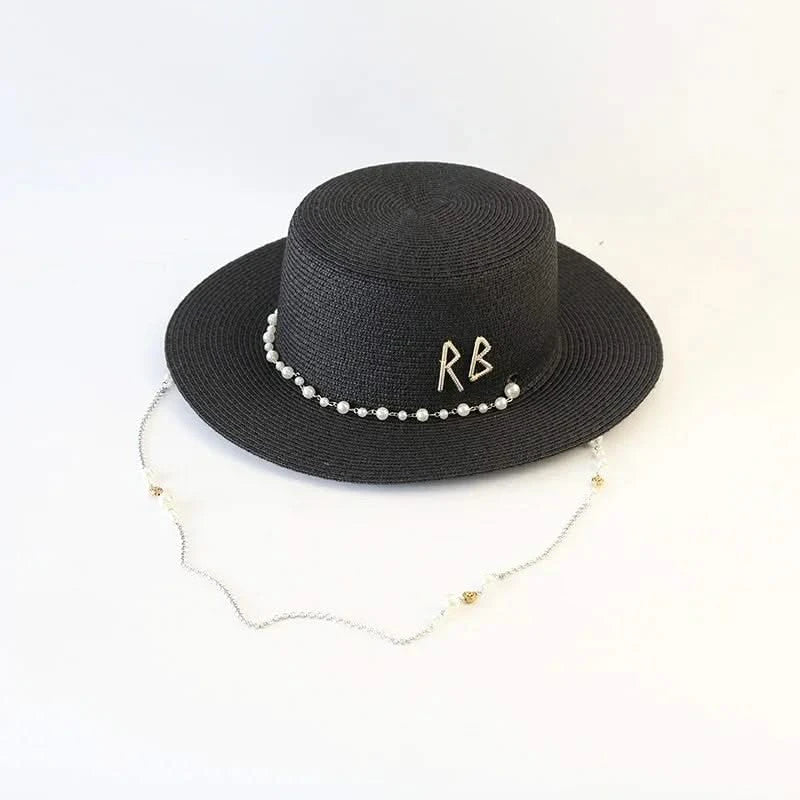 New Women Summer Hats Straw Sun Hat Panama Elegant Straw Fedoras Lady Girl Outdoor Vacation with Pearl Chain Sunshade Beach Hat