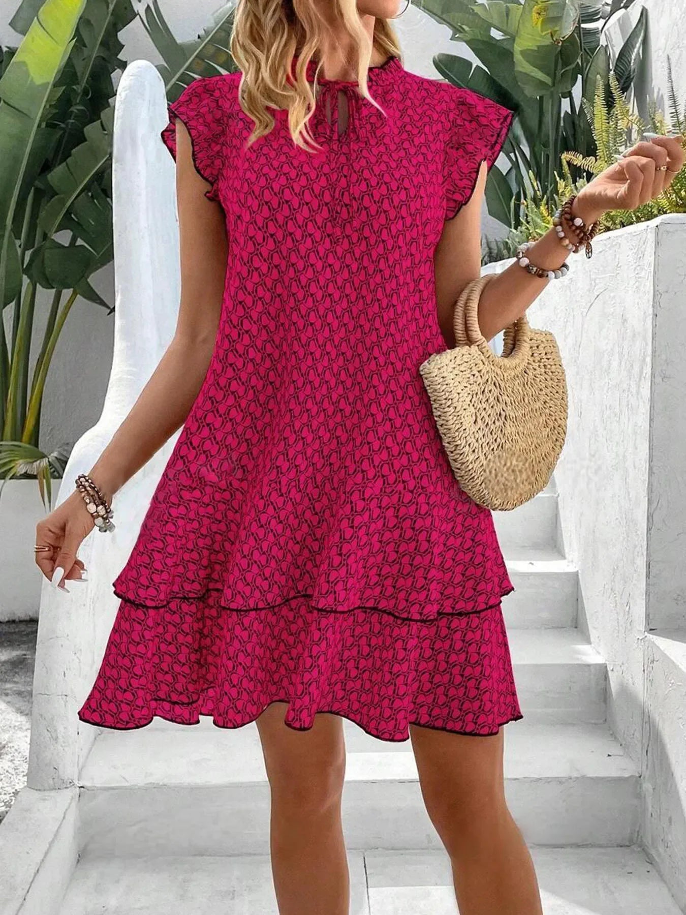 Women's Summer Mini Dress A-line Print V-neck Fiying Sleeve Lady Loose Hem Bohemian Fashion Casual Dresses For Women Clothing