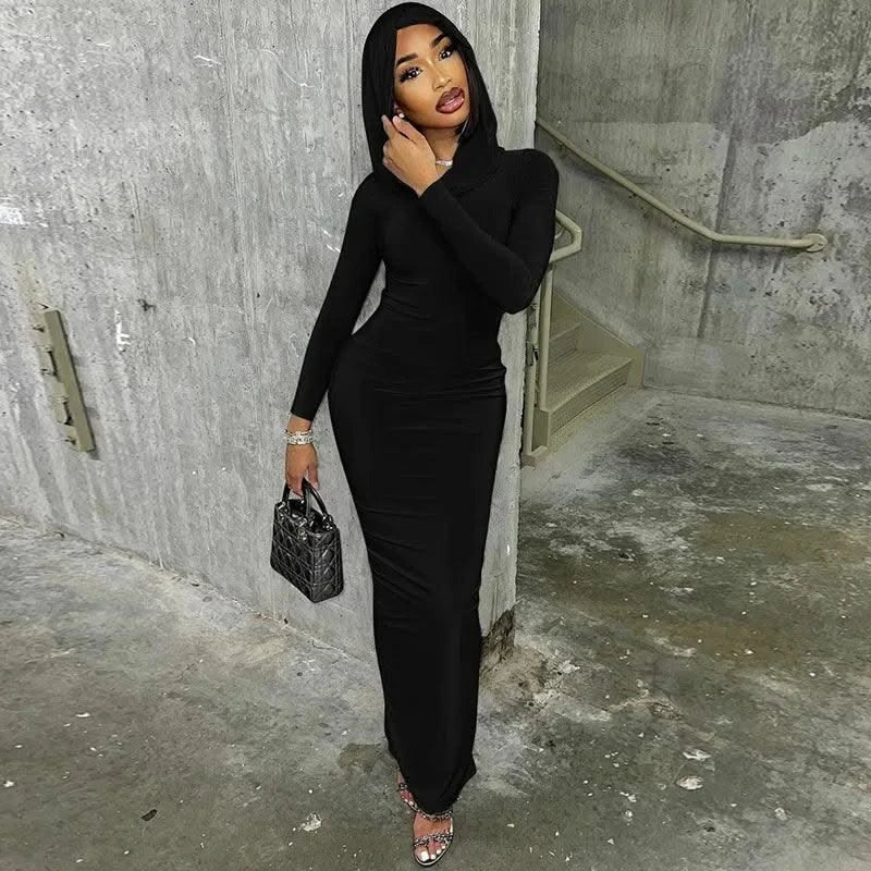 Hooded Long Dress For Women Y2k Clothes Sexy Streetwear Long Sleeve Bodycon Vestidos De Mujer Solid Robe Femme Été Back Split