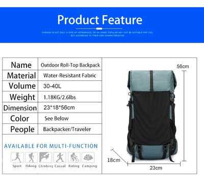 30L Hiking Backpack Daily Travel Wear-Resistant Waterproof Professional Climbing Large Capacity Roll-Up Shoulder Bag 2025 New