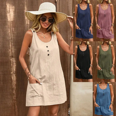 Midi Dress Women's 2024 Summer New Fashion Vacation Dress U-neck Solid Color Sleeveless Purse Buckle Cotton Midi Dress