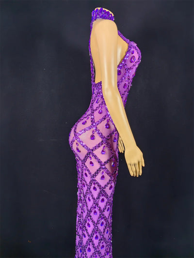 Women Sexy Stage Shining Rhinestone Sequins Dress Evening Prom Birthday Dress Transparent Performance Singer Club Host Dress