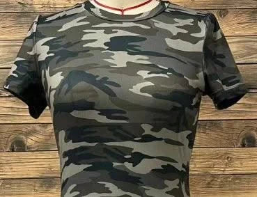 Camo Print Crew Neck Split Tunics Casual Short Sleeve Slim T-Shirt For Spring & Summer Women's Clothing