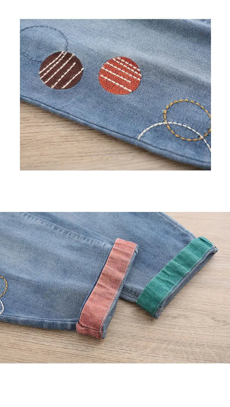 High waisted Jeans for women 2025 Spring Autumn New Korean version Loose Embroidered patch fabric Nine point Harem Pants Female