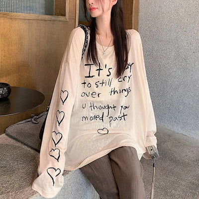 Women T-shirts Retro Letter Printed T-shirts Girls Casual Daily Long Sleeve Tops Lady Korean Fashion Baggy Clothes