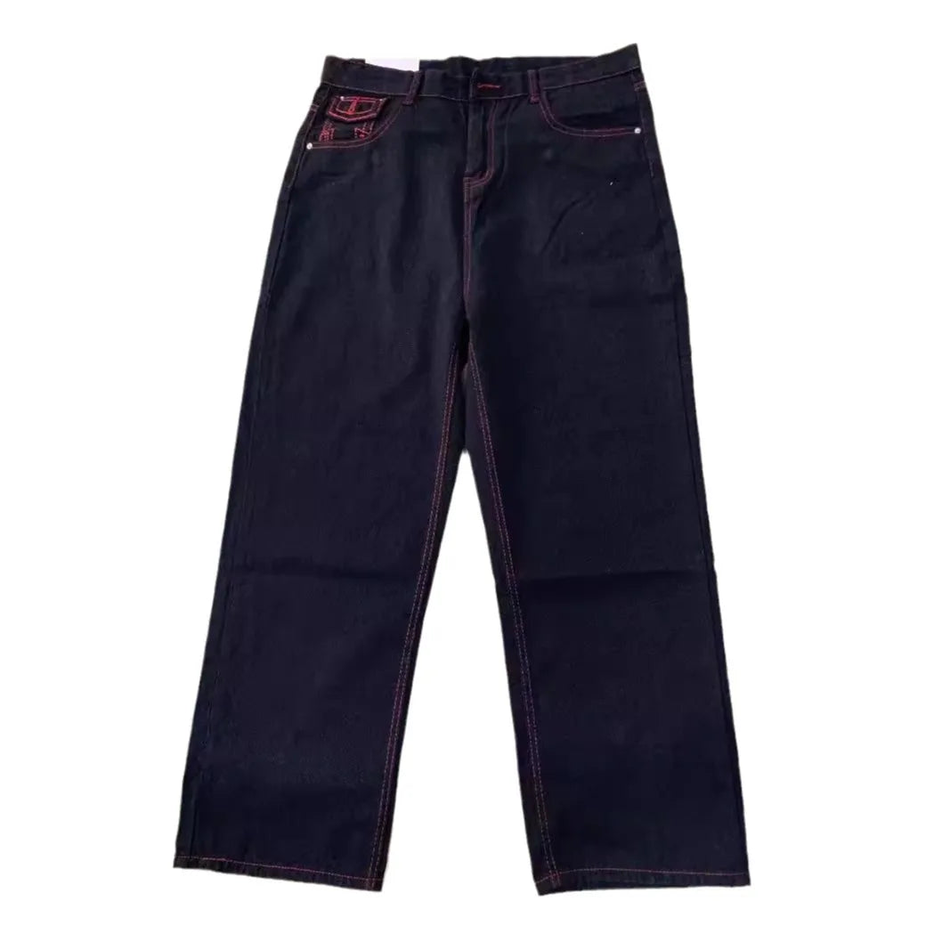 American style trendy jeans men religious Buddha loose denim pants thick line straight leg casual high street jeans men clothing