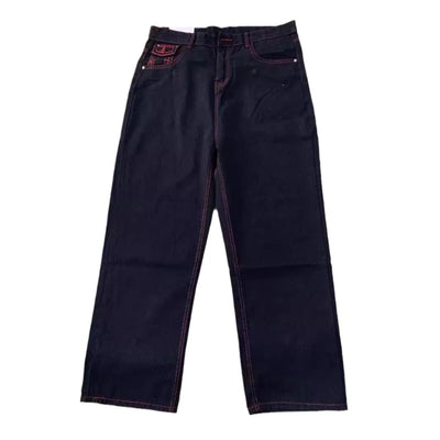 American style trendy jeans men religious Buddha loose denim pants thick line straight leg casual high street jeans men clothing