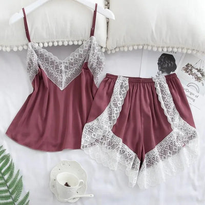 Women's Sleepwear Set Sexy Lace Trim Sleeveless Camisole Shorts Pajama Sets Summer Two Piece Nightwear Loungewear for Women ﻿