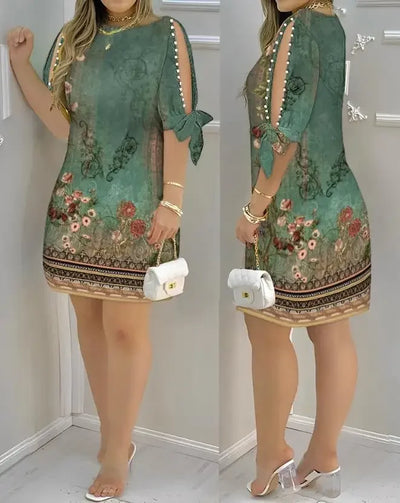 Dresses for Women Summer Fashion Pearls Decor Split Sleeve Casual Boat Neck Plain Half Sleeve Daily Vacation Mini Dress 2024
