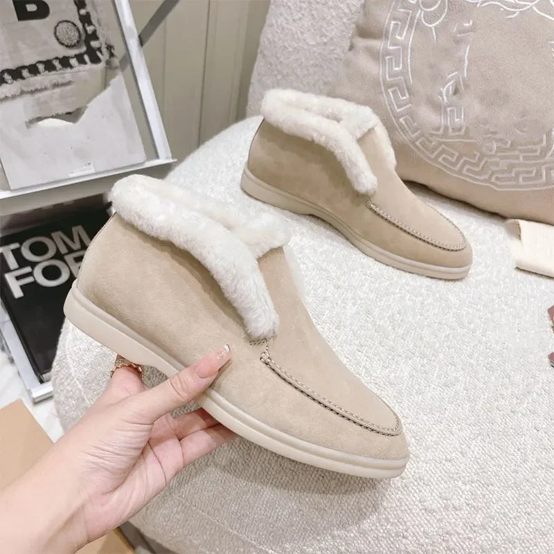 Fur Ankle Boots Women's Cow Suede Loafers High Quality 2025 Winter Flat Shoes Fur Integrated Warm Snow Boots