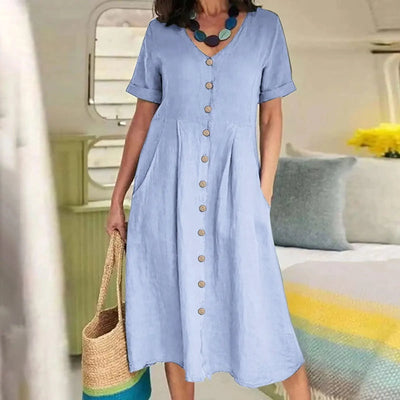 Women's Summer Casual Cotton Linen Midi Dress White  Loose Elegant Green Dresses Vestidos Платье С Декольте Jupe Longue Femme
