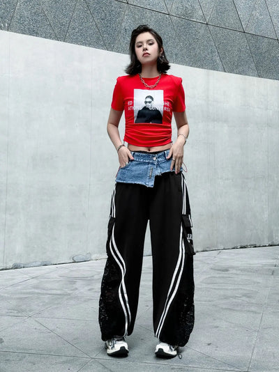 Wide Leg Pants Women Floor Length Patchwork Lace Denim Stripe Print High Waist Multiple Pockets 2025 Streetwear Cargo Trousers