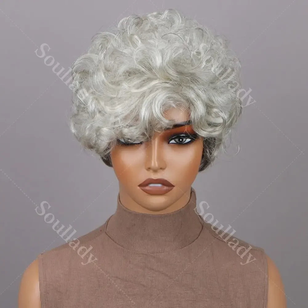 Seniors Short Curly Human Hair Glueless Wig Silver Grey Layered Pixie Cut Wig Light Salt And Pepper For Women Over 60s