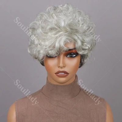 Seniors Short Curly Human Hair Glueless Wig Silver Grey Layered Pixie Cut Wig Light Salt And Pepper For Women Over 60s