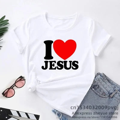 I Love Jesus Women T Shirts Round Neck Christian Faith Church Bible T-Shirt Cotton Short Sleeve T Shirt Streetwear Unisex Tops