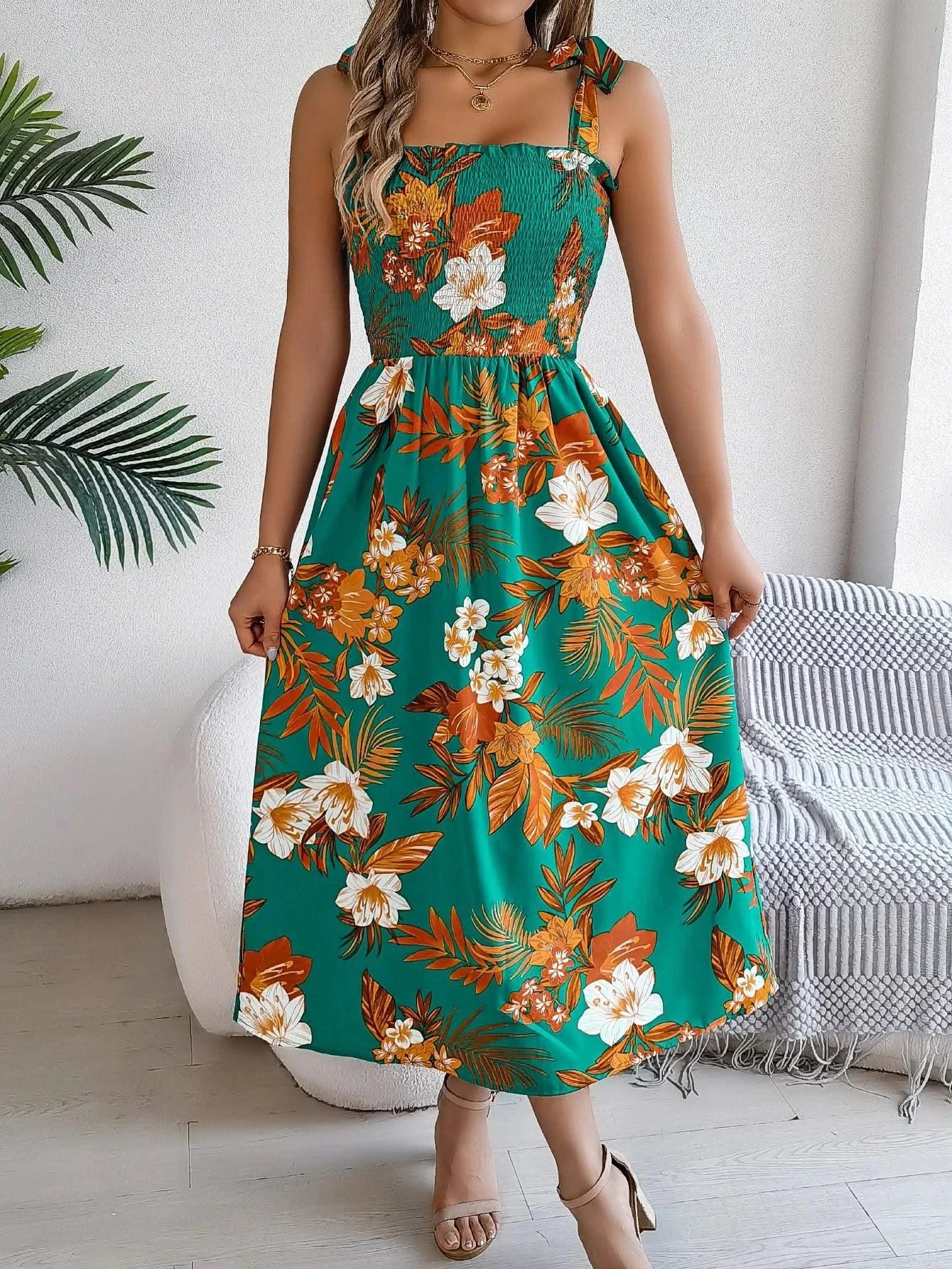 Spring Summer Floral Print Long Dress Lace up Sleeveless Vacation Dresses for Women