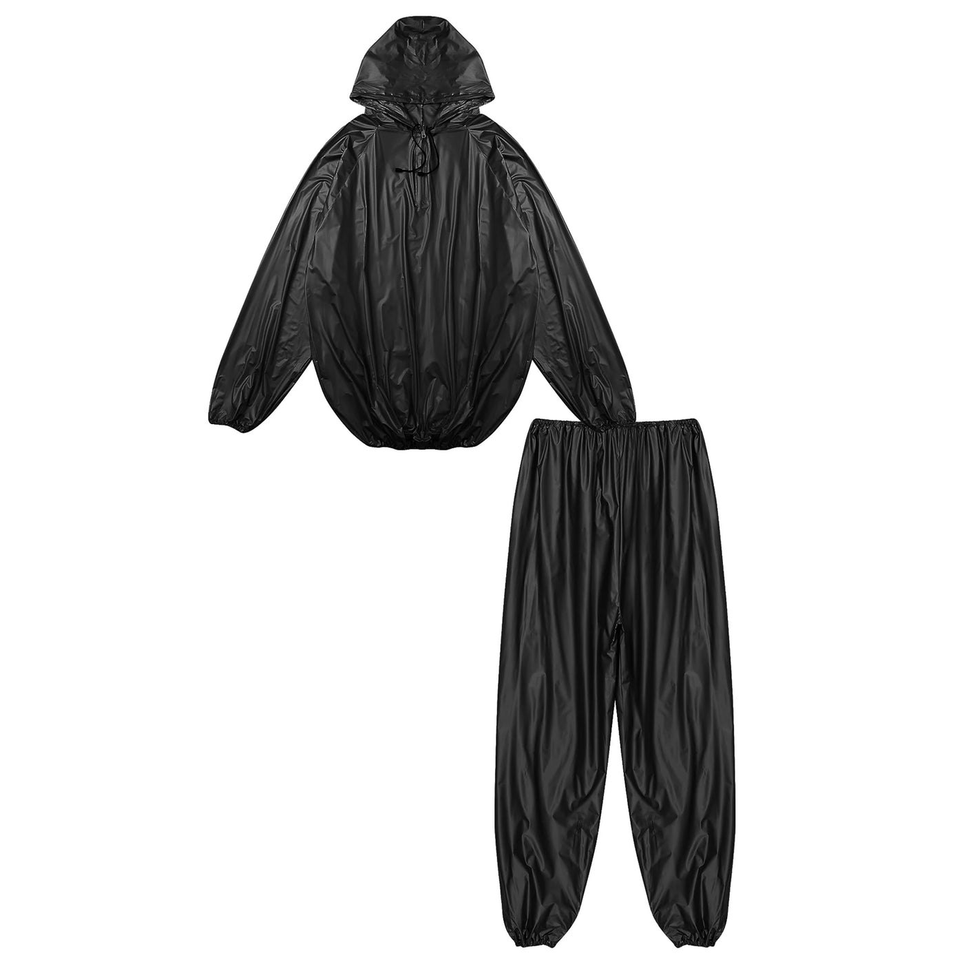Mens Sauna Sweat Outfit Long Sleeve Hooded Jacket Outerwear and Elastic Waist Long Pants PVC Sweating Suit for Gym Workout