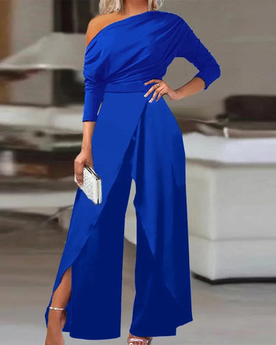 Jumpsuits for Women 2025 Elegant New Fashion Plain Elegant Office Lady Loose Ruched Cold Shoulder Split Hem Wide Leg Jumpsuit