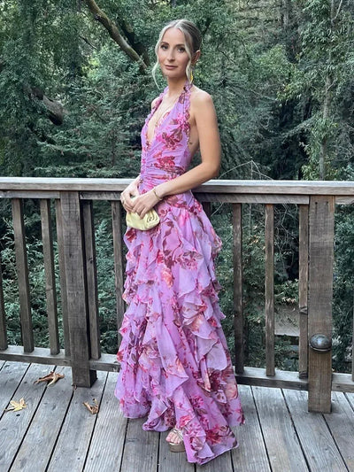 Bohemian Ruffle Long Dress for Women – Pink Floral Halter Neck Evening Gown – Elegant Vacation & Wedding Guest Dresses