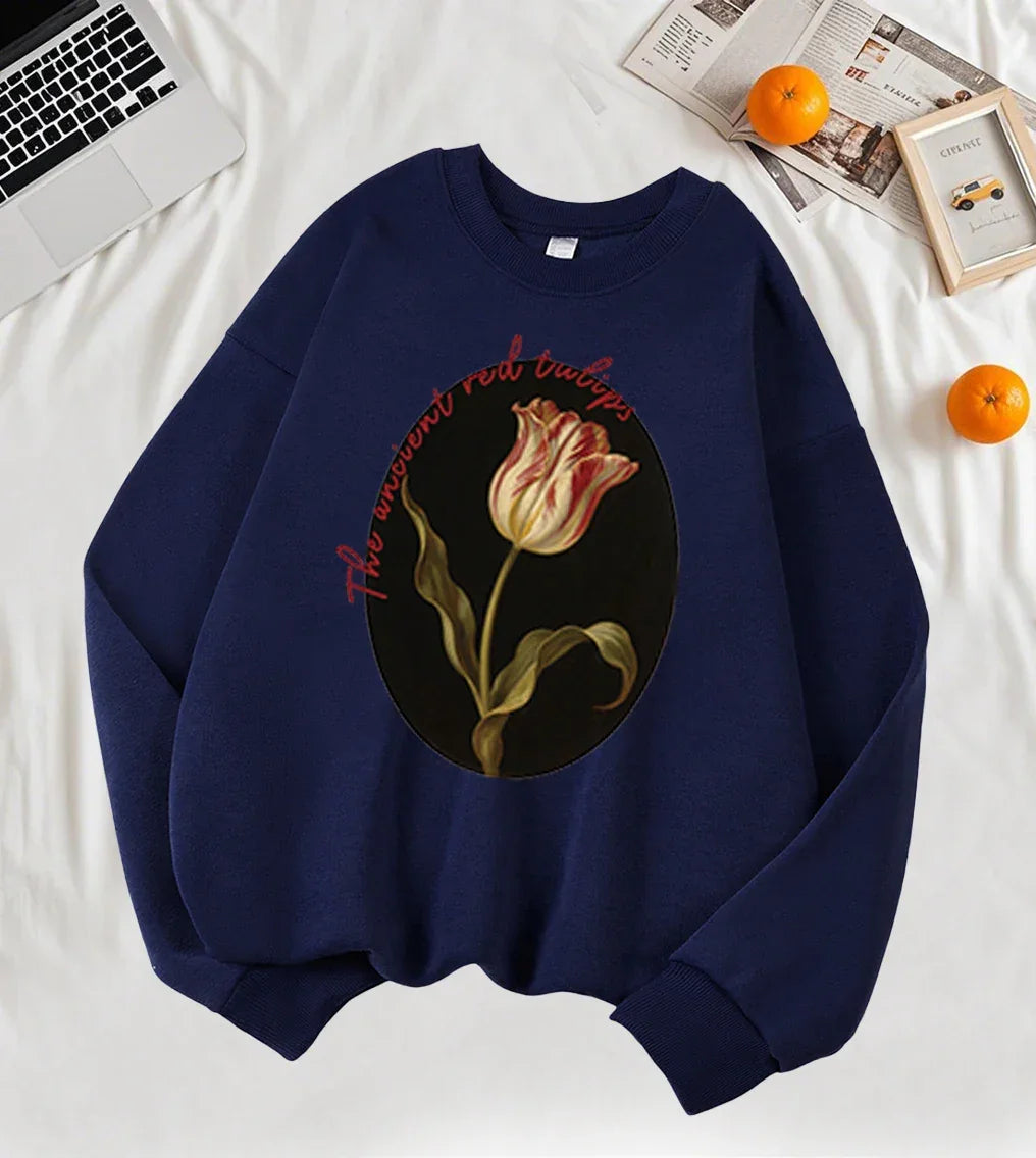 The Ancient Red Twlipws Design Women Sweatshirt Soft Warm Tops Fleece All-Match Pullover Crewneck Casual Sportswear For Woman