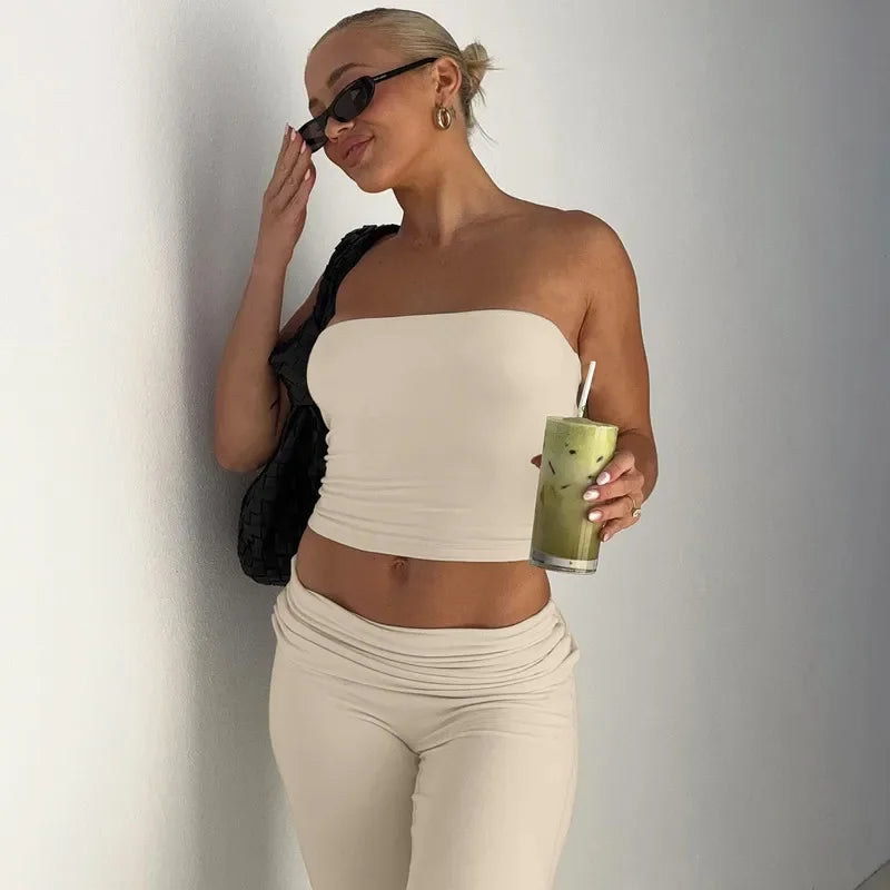 Women's Clothing 2025 Spring Fashion New Item Solid Color Strapless Top Flared Pants Fashionable Slim Fit Sports Suit for Women