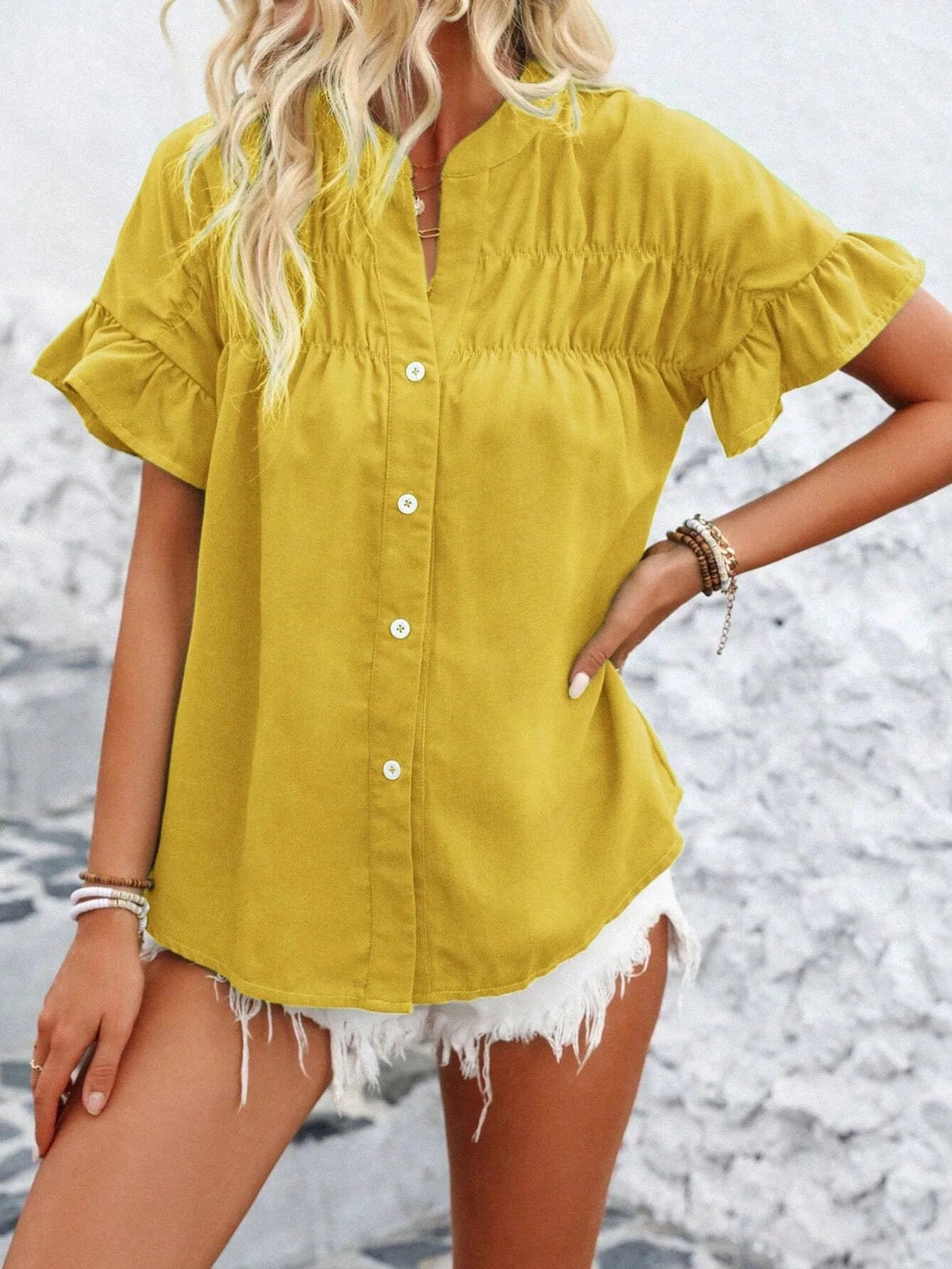 Women Button Solid Cotton Linen Blouses Summer 2025 Fashion Stand Up Short Sleeve Shirts Casual V-Neck Ruffles Office Lady Tops