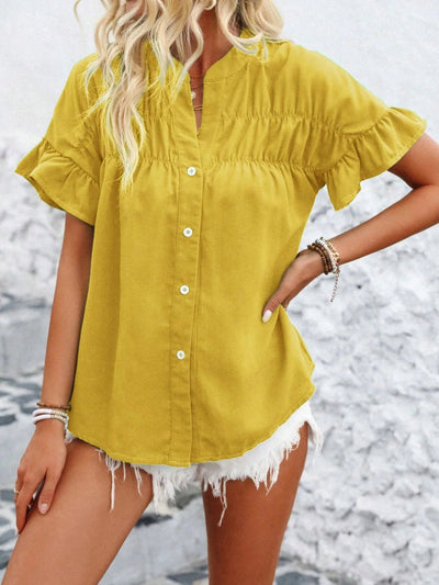 Women Button Solid Cotton Linen Blouses Summer 2025 Fashion Stand Up Short Sleeve Shirts Casual V-Neck Ruffles Office Lady Tops