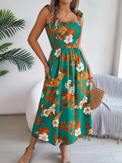 Spring Summer Floral Print Long Dress Lace up Sleeveless Vacation Dresses for Women