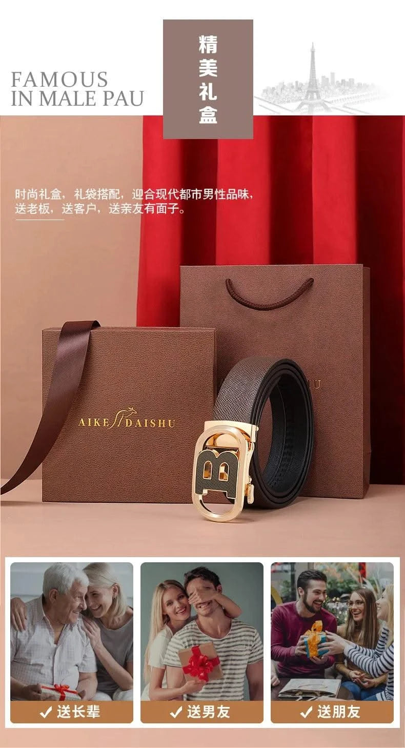 Men's Automatic Split Leather Buckle Belt | Versatile, Business, Casual Pants Belt | Middle-aged and Young Men