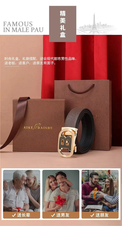 Men's Automatic Split Leather Buckle Belt | Versatile, Business, Casual Pants Belt | Middle-aged and Young Men