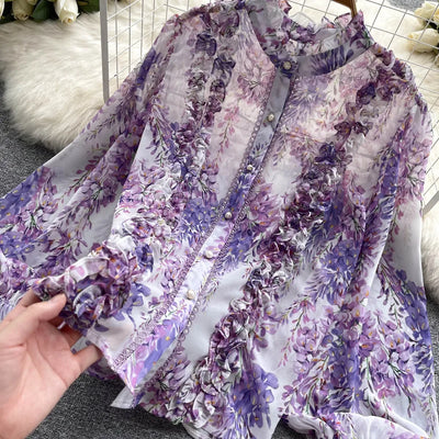 Women Ruffles Lace Floral Print Retro Elegant Button Shirts Summer Fashion Sweet Chic Stand Collar Long Sleeve Blouse Loose Tops