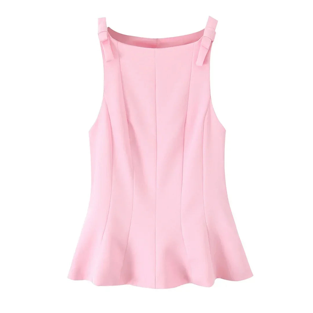 TRAF Top for Women Fashion Summer Short Skirt Hem Bow Sleeveless O-neck Blouse Street Clothing Vest Tank Chic Ladies Tops Mujer