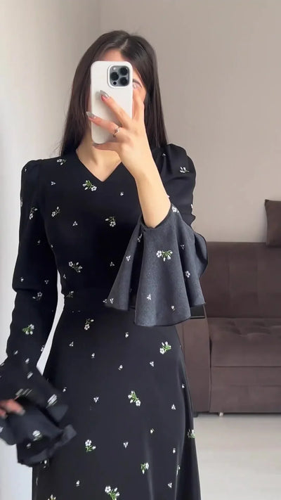 Elegant Dresses for Women Spring Summer New Printing Lotus Leaf Sleeve V Neck Dress Fashionable Slim Fit Women's Evening Dress